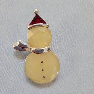 Opalescent & Silver Snowman Brooch Pin With Red Hat